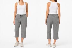Lucy Women Gray Nylon Stretch Capri Yoga Workout Performance Pants Floral Back L